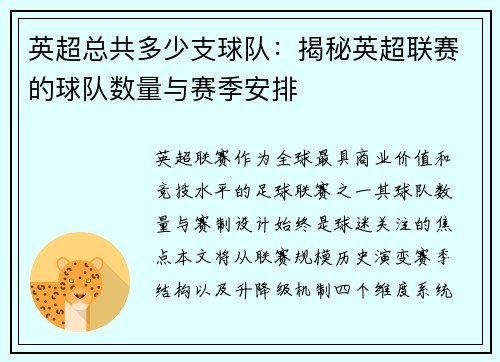 英超总共多少支球队：揭秘英超联赛的球队数量与赛季安排