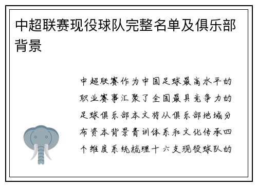 中超联赛现役球队完整名单及俱乐部背景